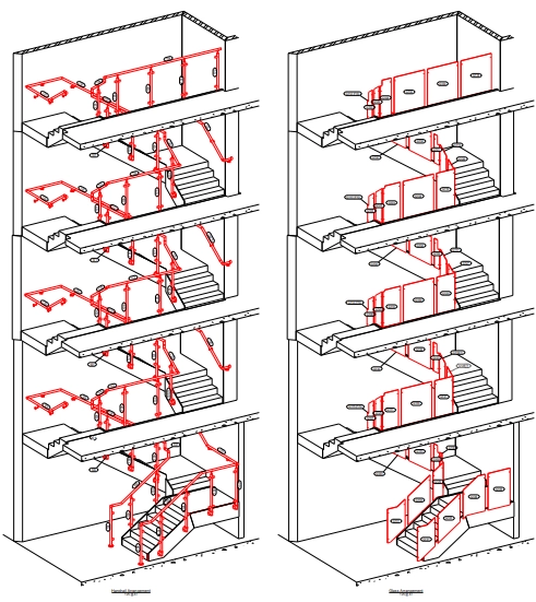 CAD design drawing showing multi-level steel balustrades and handrails