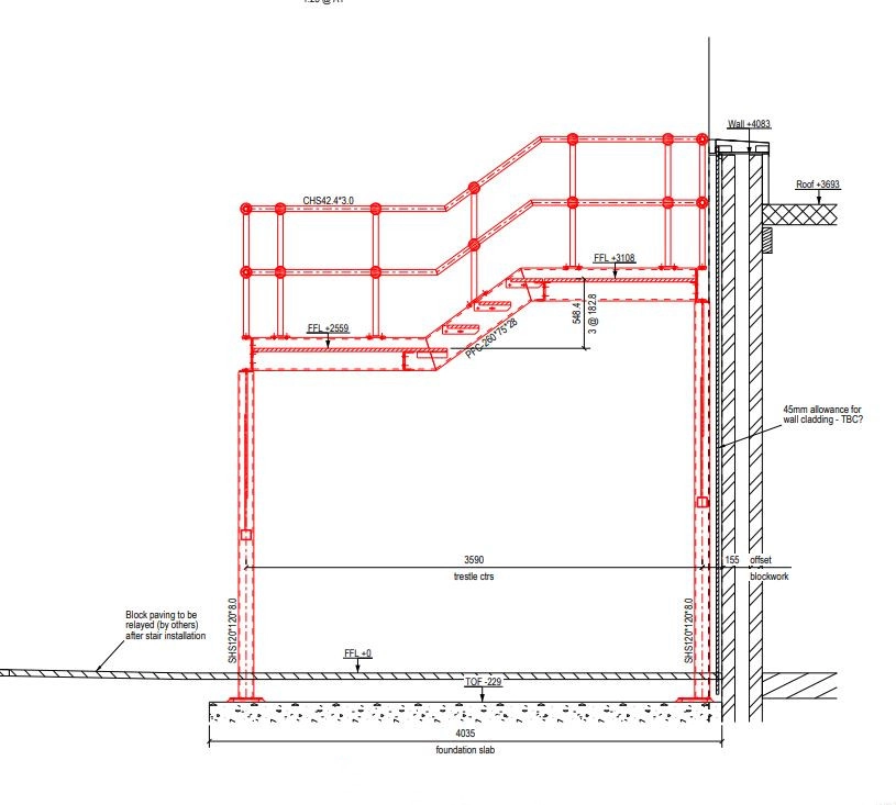 CAD design drawing of an industrial mezzanine floor showing structural engineering details