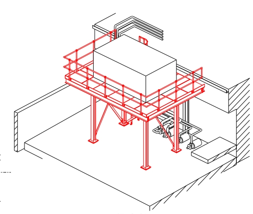 CAD design drawing of a custom steel service platform and mezzanine structure