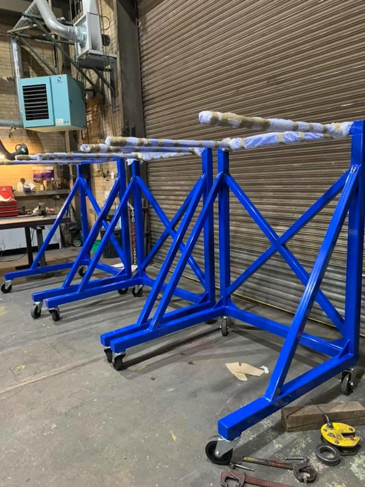 Customer carriers, bespoke one of one, blue powered coat finish.